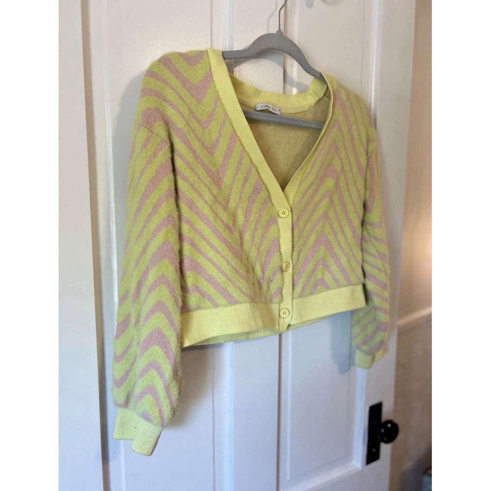 Jimmy Key yellow pink chevron fuzzy cardigan S